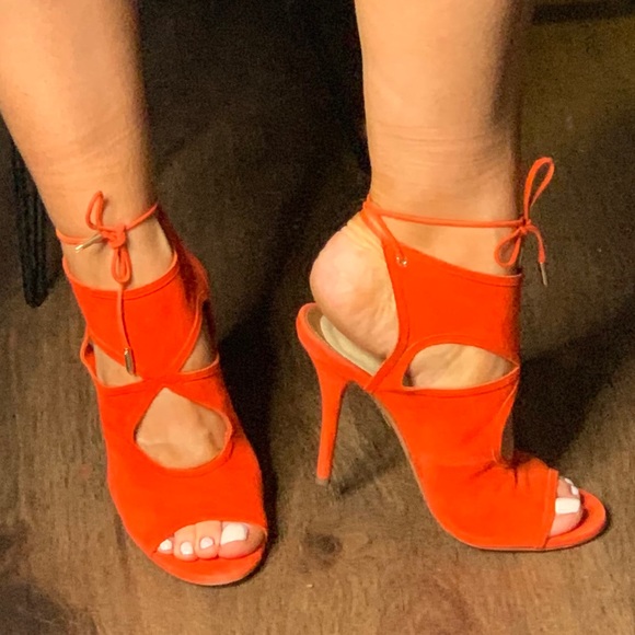 Orange Aquazzura Sexy Thing Peep Toe Suede Booties - Picture 8 of 8